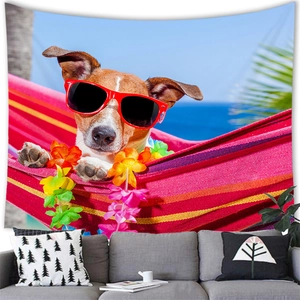 Bully dog watercolor tapestry hanging on a white wall above a sofa for home decor