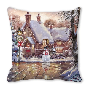 Detail eines Weihnachts-Schneemann-Motivs auf strukturiertem Pfirsichhaut-Kissenbezug