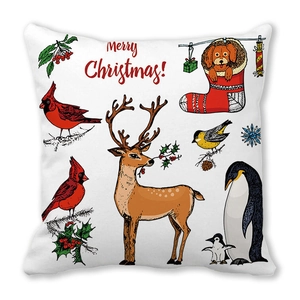 Housse de coussin de Noël avec renne, pingouins et lettrage festif Merry Christmas