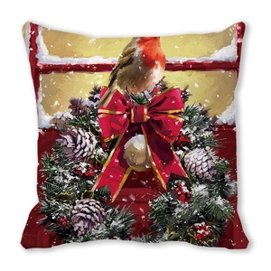Weihnachtliche Kissenhülle mit Rotkehlchen und roter Schleife für Sofa-Dekoration