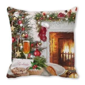 Detailaufnahme Kissenbezug mit weihnachtlicher Ölmalerei und festlichen Motiven