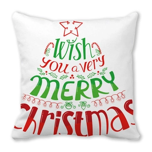 Detail of Christmas tree letter print on white peach skin fabric square pillow cover