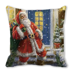 Detail of Christmas pillow featuring watercolor Santa Claus in snow with a gift bag