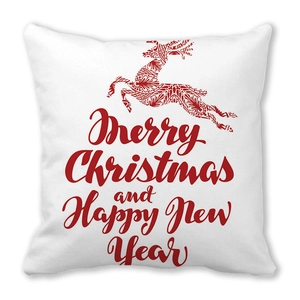 Detail of Christmas peach skin pillowcase with red reindeer mandala and holiday greeting