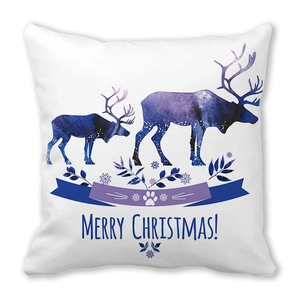 Coussin de Noël avec cerfs à l'aquarelle et flocons de neige sur tissu blanc doux