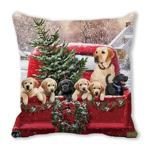 Kissenbezug mit goldenem Retriever in rotem Truck und Weihnachtsbaum-Motiv
