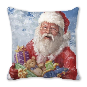 Detail of Christmas pillowcase featuring watercolor Santa Claus holding gifts and a teddy bear