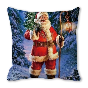 Detail of Christmas Santa watercolor print on square peach skin pillowcase cushion cover