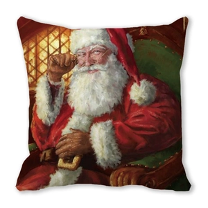 Detailed view of square Christmas pillowcase featuring a watercolor Santa Claus portrait