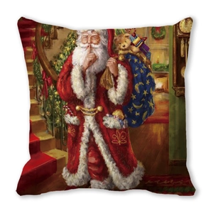 Detailed texture of peach skin pillowcase with vintage Santa Claus oil painting print