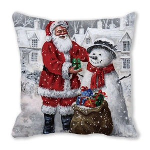 Detail of Christmas throw pillow cover with watercolor Santa and snowman scene