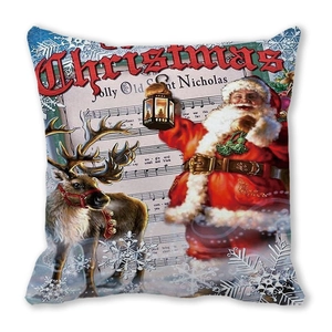 Christmas pillow cover featuring Santa Claus, reindeer and sheet music on red background