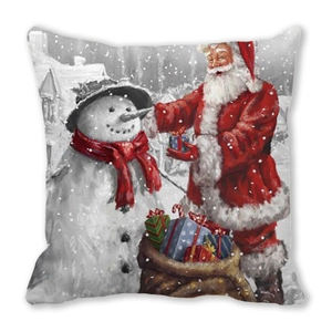 Detailed close-up of watercolor Santa and snowman on square Christmas pillow cover