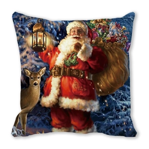 Close-up of a festive Christmas cushion cover with watercolor Santa Claus and reindeer print