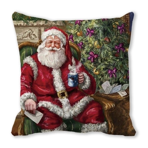 Detail of Christmas pillowcase with watercolor Santa Claus sitting on a green chair