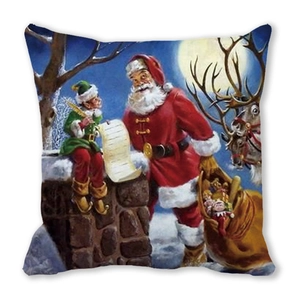 Detail of Christmas pillow featuring Santa, reindeer, and elves in watercolor style