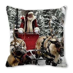 Detail view of Santa Claus on a sleigh with reindeer on a square festive pillow cover