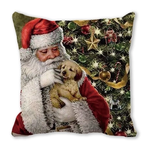 Close-up of Santa Claus and golden retriever puppy printed on square linen pillowcase