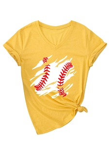 Detail of V-neck mustard yellow baseball print tee with rolled sleeves and side knot design