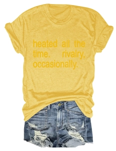 Flat lay of yellow crew neck T-shirt with blue distressed denim shorts on white background