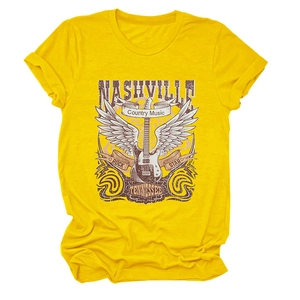 Detailed view of the retro Nashville country music print on a yellow cotton T-shirt