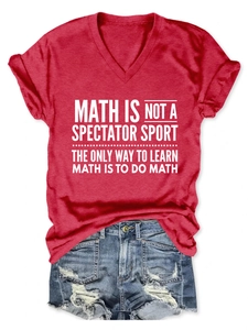 Red V-neck T-shirt detail with Math slogan print laid flat with denim shorts