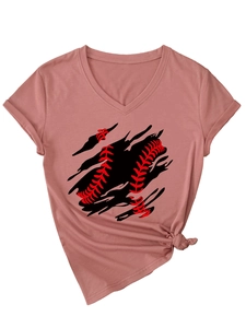 Detail of V-neck short sleeve tee featuring a baseball print and stylish knotted hem