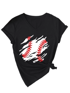 Detail of baseball print V-neck T-shirt with knot hem and rolled cuffs in black