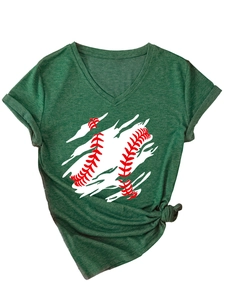 Detail of V-neck dark green T-shirt with baseball graphic and front hem tie-knot