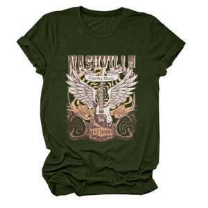 Detailed close-up of retro Nashville country music guitar print on dark green cotton T-shirt