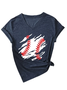 Detail of V-neck short sleeve baseball print T-shirt in dark grey cotton blend fabric