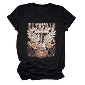 Close-up of Nashville rock star graphic and guitar print on black cotton T-shirt