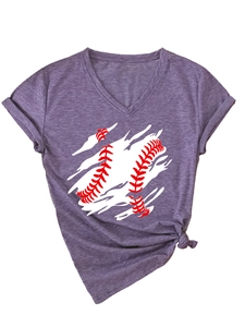 Detail of purple V-neck T-shirt with baseball print and stylish twisted hem knot