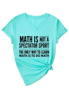 Detail of teal V-neck T-shirt with math slogan print and stylish front knot hem