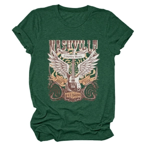 Detail of Nashville country music t-shirt with electric guitar and wings print