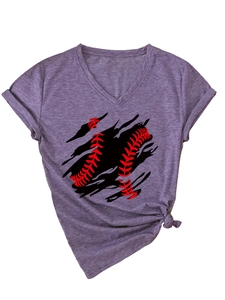 Detail of V-neck baseball print t-shirt featuring a side knot and rolled sleeve cuffs