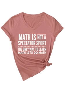 Close-up of V-neck dusty rose t-shirt with knotted hem and Math slogan print