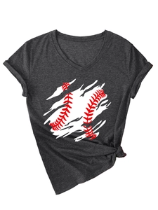 Detail view of charcoal V-neck T-shirt with baseball claw print and knotted hem