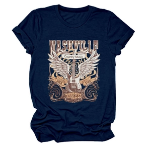 Detailed view of Nashville country music print on a navy blue cotton T-shirt