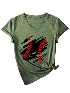 Close-up of olive green V-neck T-shirt with baseball graphic and stylish knot detail