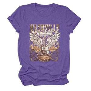 Detail of Nashville country music graphic print on purple rock star t-shirt with rolled sleeves