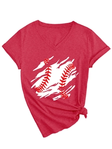 Detail of red V-neck t-shirt with baseball graphic print and side knot hem detail