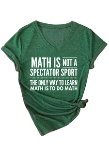Detail of V-neck heather green T-shirt with math slogan print and front knot detail