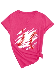 Detail of pink V-neck T-shirt showing stylish baseball print and chic side knot design