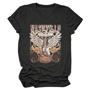 Detail of Nashville country music print on dark grey cotton t-shirt with guitar graphic