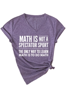 Close-up of Heather Purple V-neck T-shirt with white text print and side knot detail