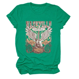 Close-up of Nashville country music print with electric guitar and angel wings on green tee