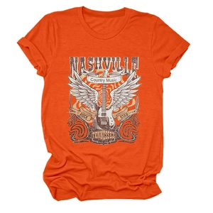 Detail of Nashville Tennessee vintage rock graphic on bright orange short sleeve t-shirt