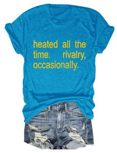 Blue crew neck T-shirt with 'heated all the time' text and frayed denim shorts set