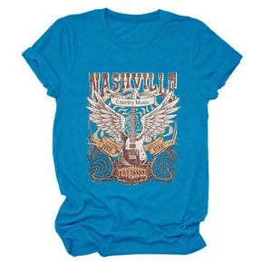 Detail of Nashville country music print on sky blue crew neck cotton t-shirt for women